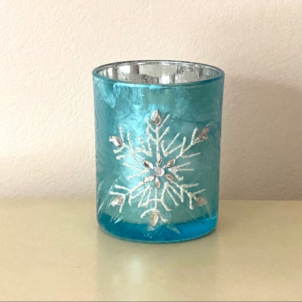 New Candle Holder Blue Silver with Jeweled Snowflake Christmas Winter Holiday